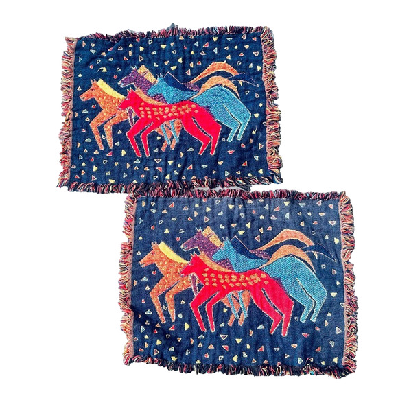 Laurel Burch "Running Horses" Multicolor Tapestry Placemats (2) 12" x 16" Fringe - Picture 1 of 5